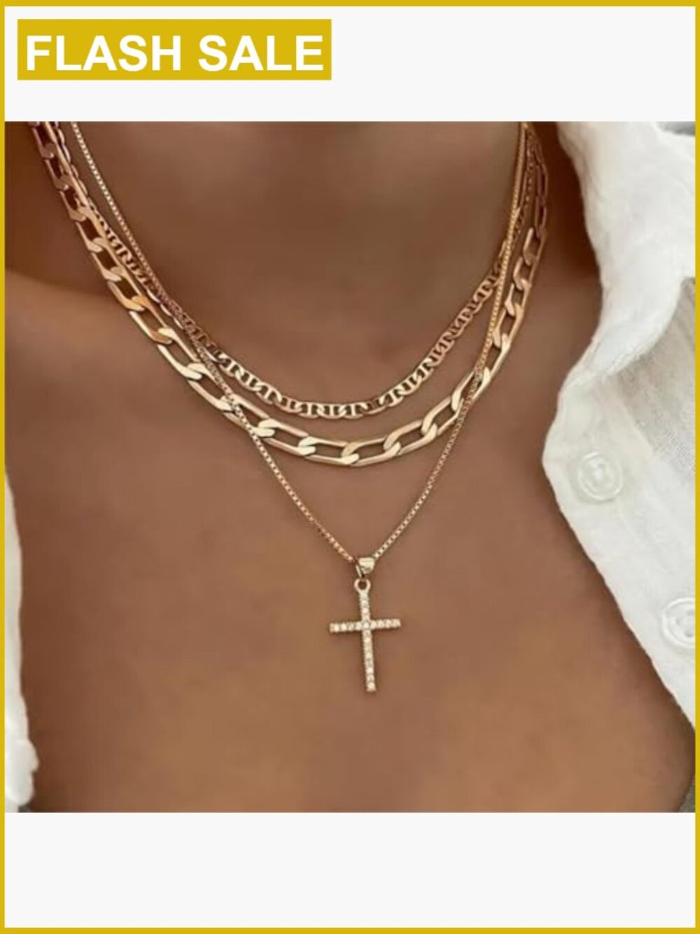 Stackable Layered Cross Necklace Set Dainty Gold Pendant CZ Jewelry Gift - Picture 2 of 7